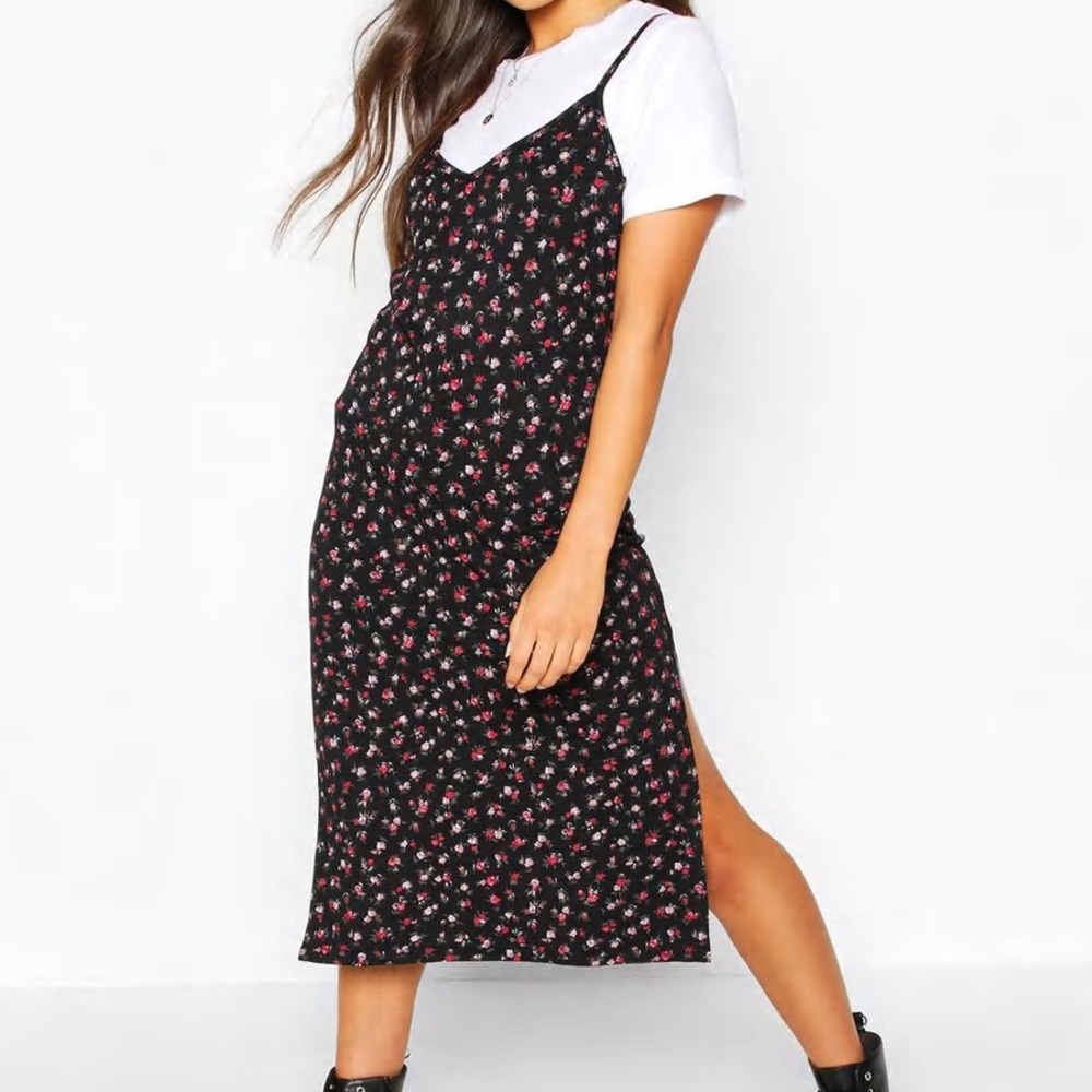 Boohoo- DITSY FLORAL SLIP MIDI JERSEY DRESS